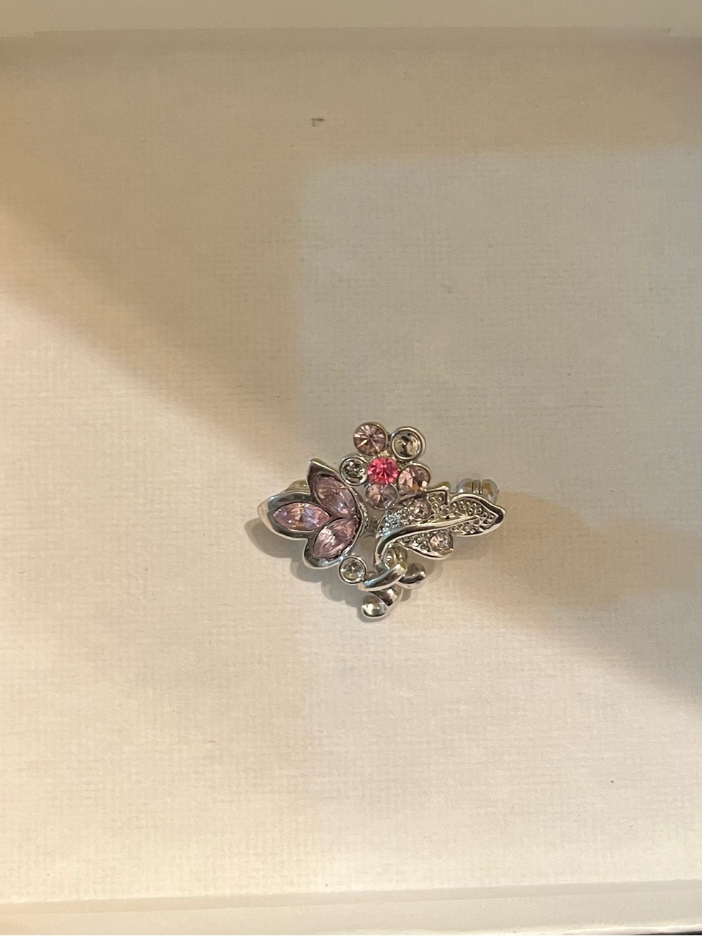 Women’s Silver Floral Butterfly Ring with Pink Crystals